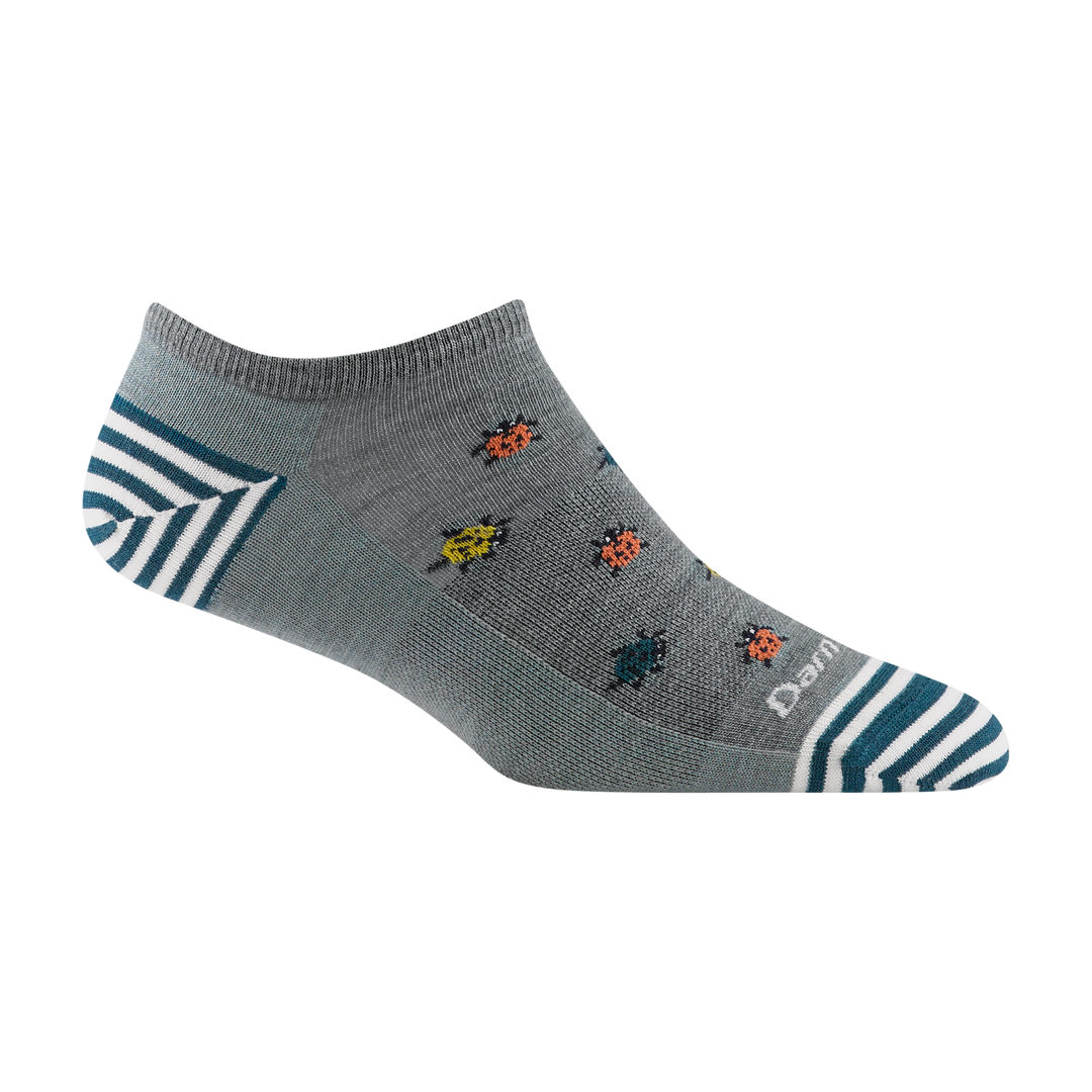 6074 women's lucky lady no show lifestyle sock in seafoam with teal and white striped accents and orange lady bugs