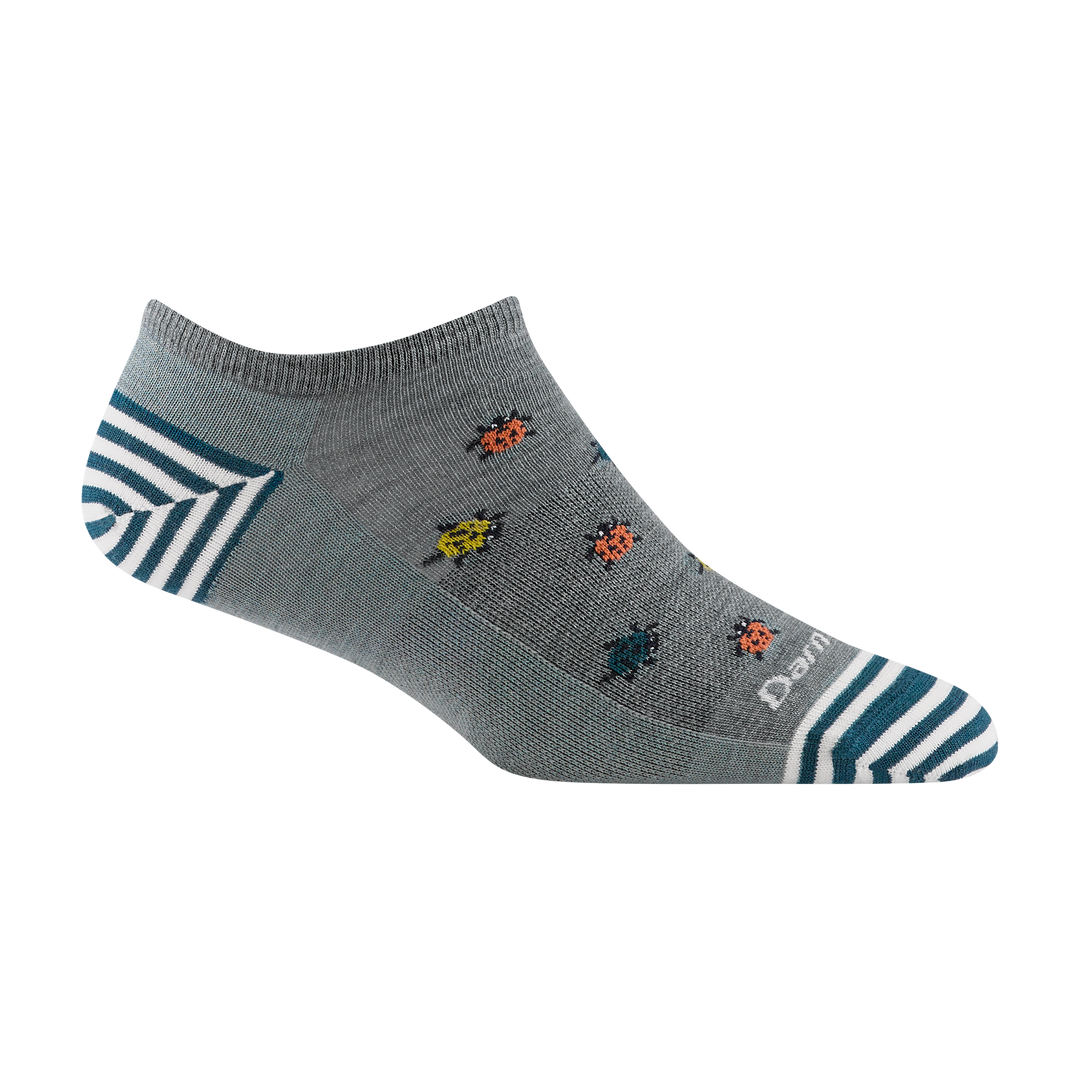 6074 women's lucky lady no show lifestyle sock in seafoam with teal and white striped accents and orange lady bugs