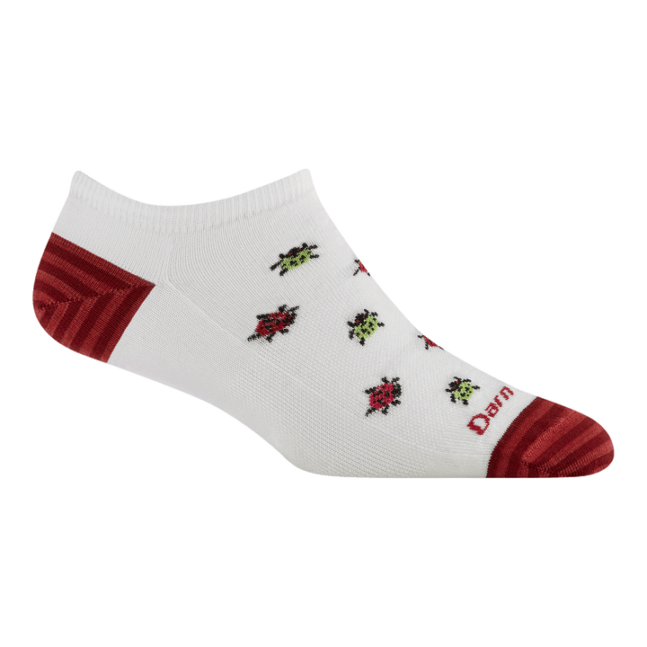 6074 lucky lady no show in white featuring a red striped heel/toe with red and green lady bugs on a white body