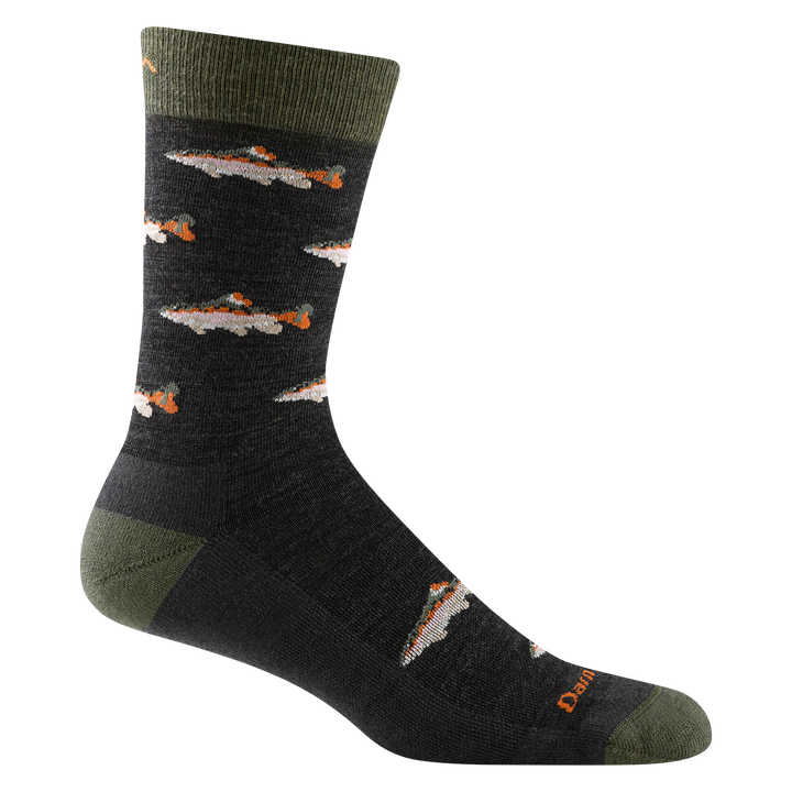 6085 men's spey fly crew lifestyle sock in charcoal with olive green toe/heel accents and tan and orange fishes design