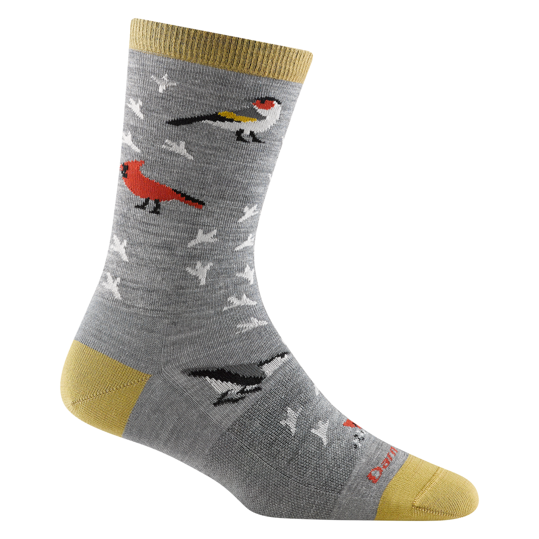 6087 women's twitterpated crew lifestyle sock in gray with gold toe/heel accents and gray and orange bird designs