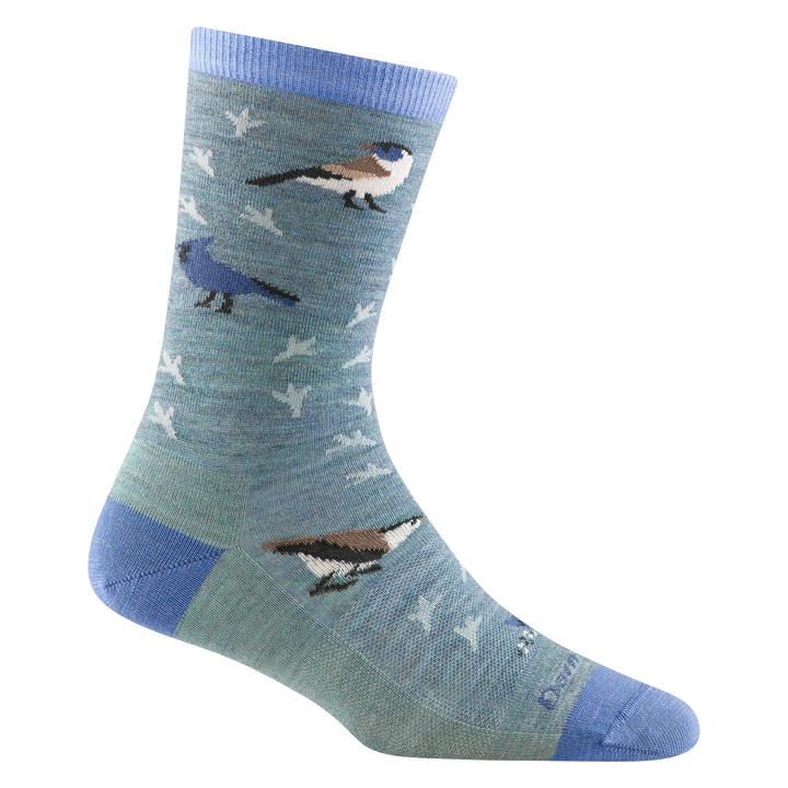 6087 women's twitterpated crew lifestyle sock in seafoam with light blue accents and blue and brown bird designs