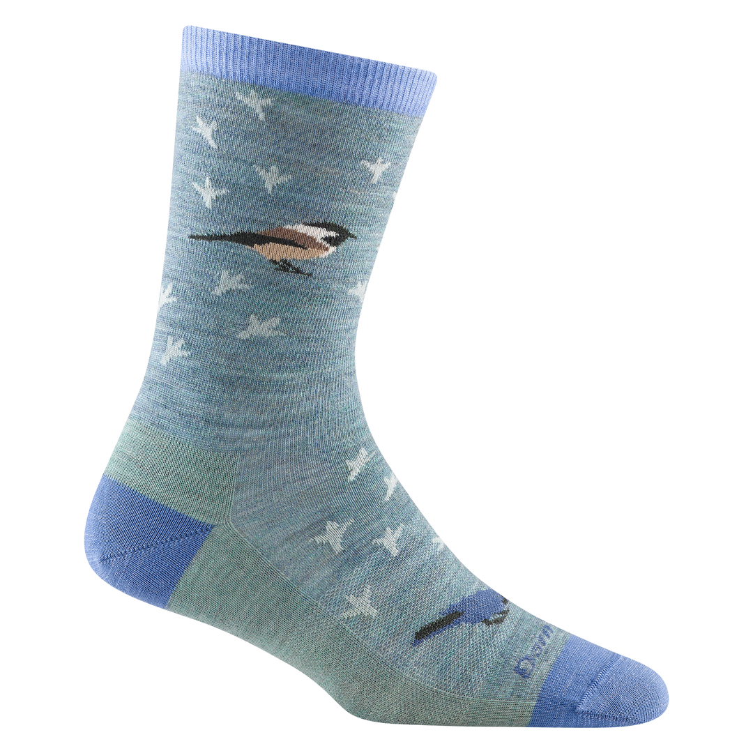 Reverse side of women's twitterpated crew lifestyle sock in seafoam with small white bird silhouettes