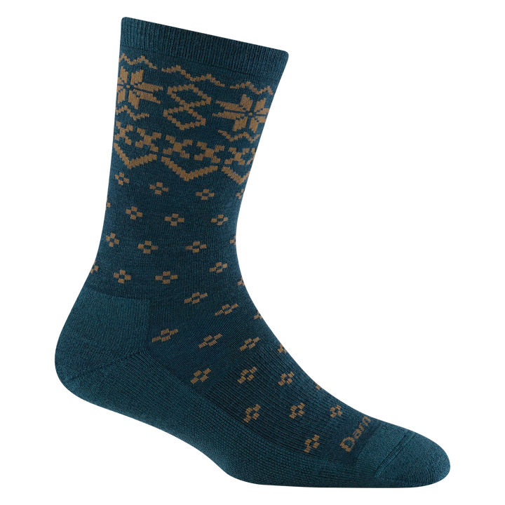 6088 women's shetland crew lifestyle sock in color dark teal with tan traditional holiday print on forefoot and ankle