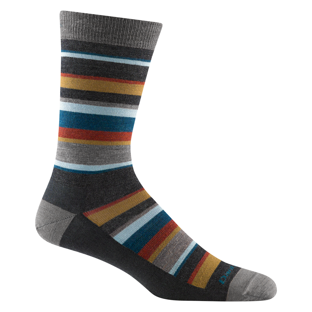 6090 men's druid crew lifestyle sock in charcoal with light gray toe/heel accents and gold, blue, and red striping