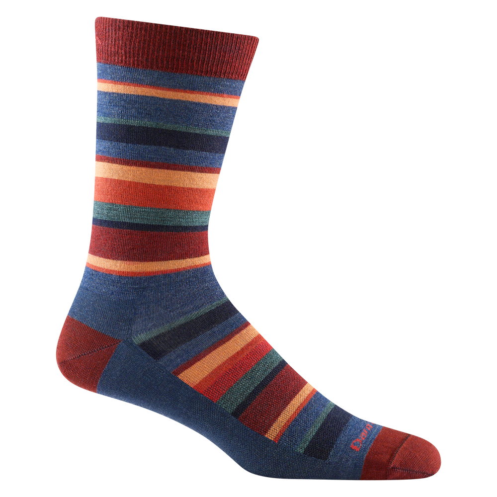 6090 men's druid crew lifestyle sock in color denim blue with red toe/heel accents and orange, red, and blue striping