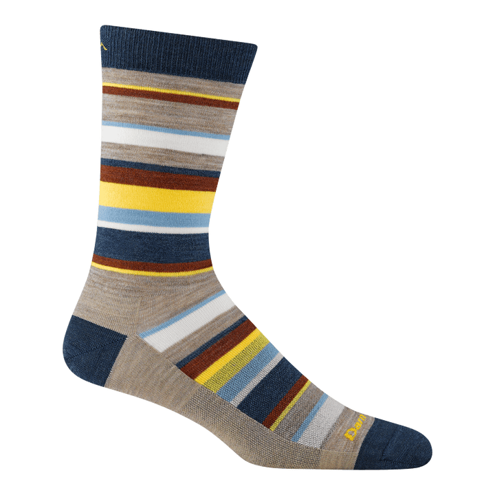 6090 Druid crew sock in Rye with an light brown body blue heel/toe/cuff with red/yellow/blue stripes along body. 