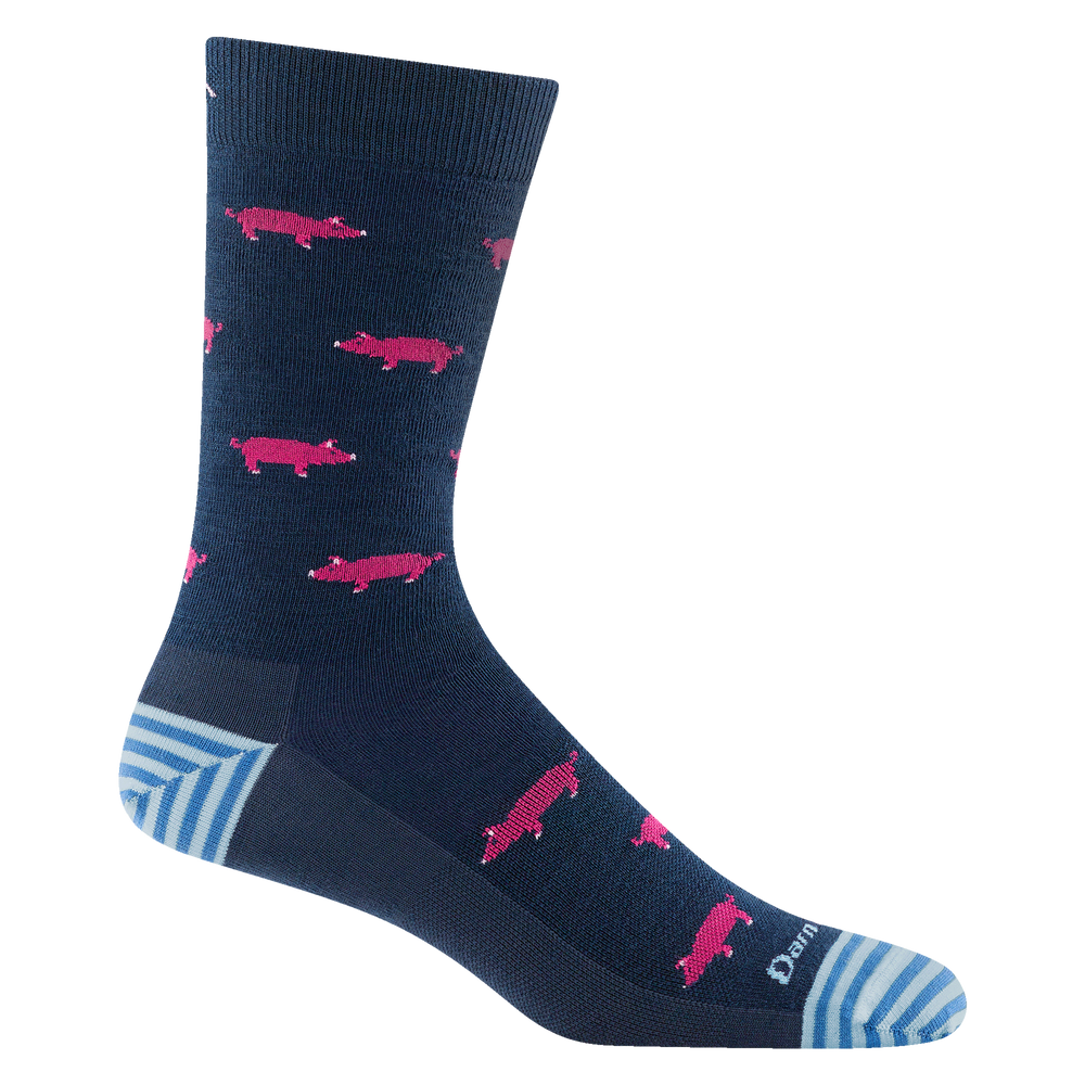 6092 men's truffle hog crew lifestyle sock in color midnight with blue striped accents and pink pig and fungi details