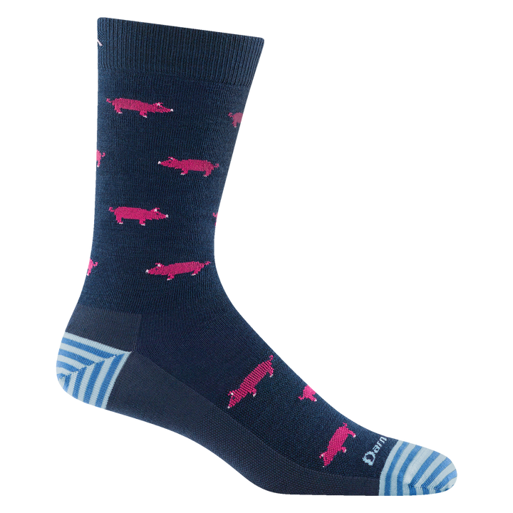 6092 men's truffle hog crew lifestyle sock in color midnight with blue striped accents and pink pig and fungi details