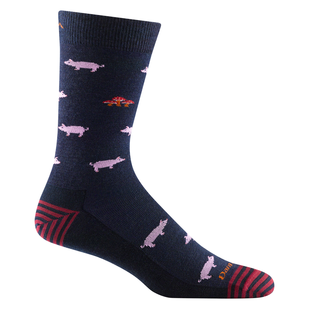 6092 men's truffle hog crew lifestyle sock in color navy with red striped accents and pink pig and fungi details