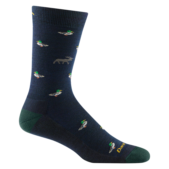 6094 men's duck duck moose crew lifestyle sock in color navy with dark green toe/heel accents and green duck details