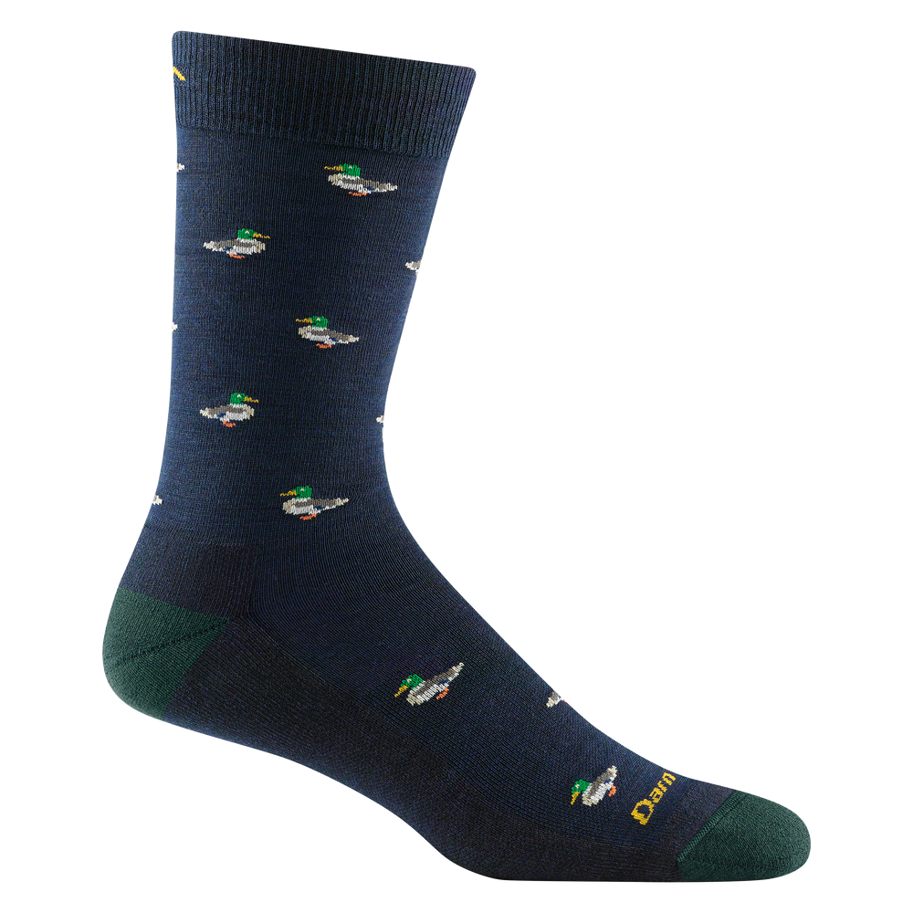 Reverse side of men's duck duck moose crew lifestyle sock in navy with gold darn tough signature on forefoot