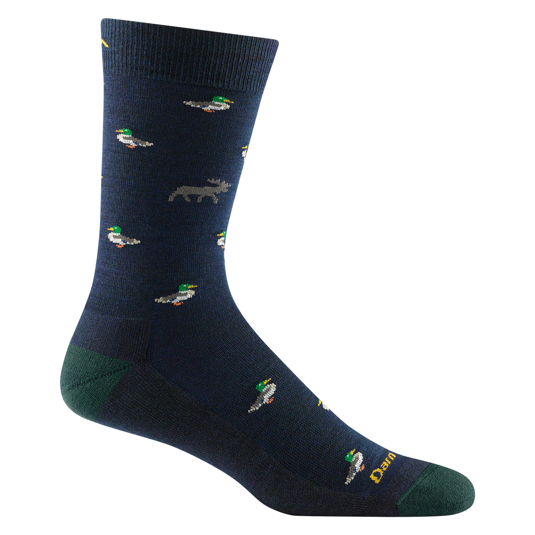 6094 men's duck duck moose crew lifestyle sock in color navy with dark green toe/heel accents and green duck details