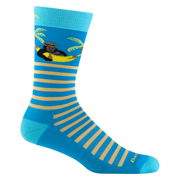 6096 men's wild life crew lifestyle sock in ocean blue with aqua accents and a gorilla in a banana hammock detail