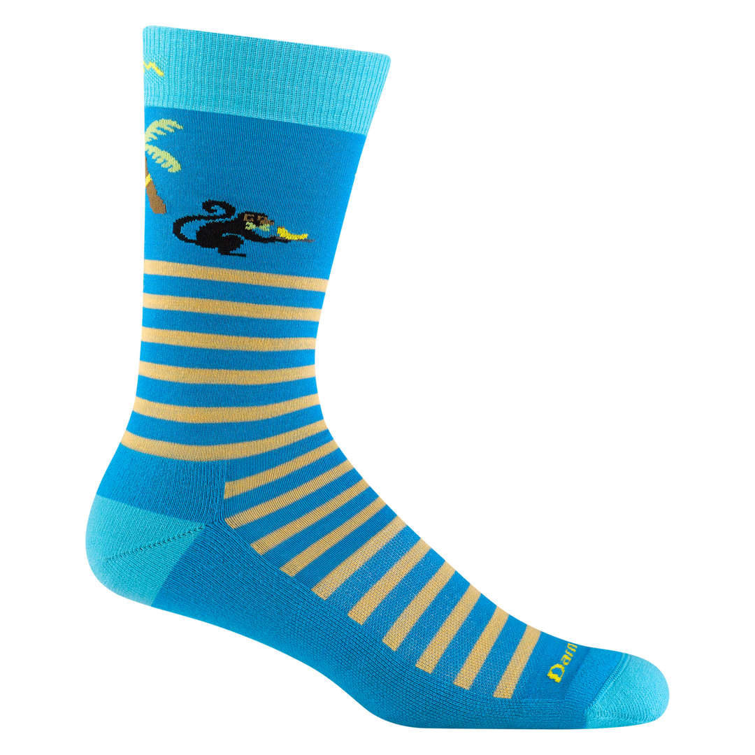 Men's wild life crew lifestyle sock in ocean blue with yellow horizontal striping and a monkey detail