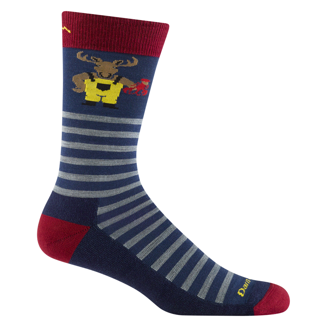 6096 men's wild life crew lifestyle sock in storm blue with red accents, gray striping and a moose fisher detail