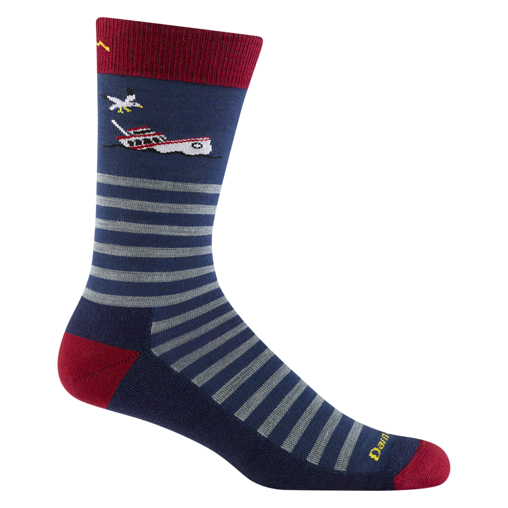 Reverse side of the men's wild life crew lifestyle sock in storm blue with a sinking boat and bird details