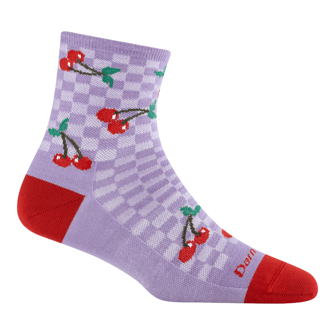 6102 fruit stand shorty sock in cherry lavender featuring red heel/toe purple checkered body with red cherries all over