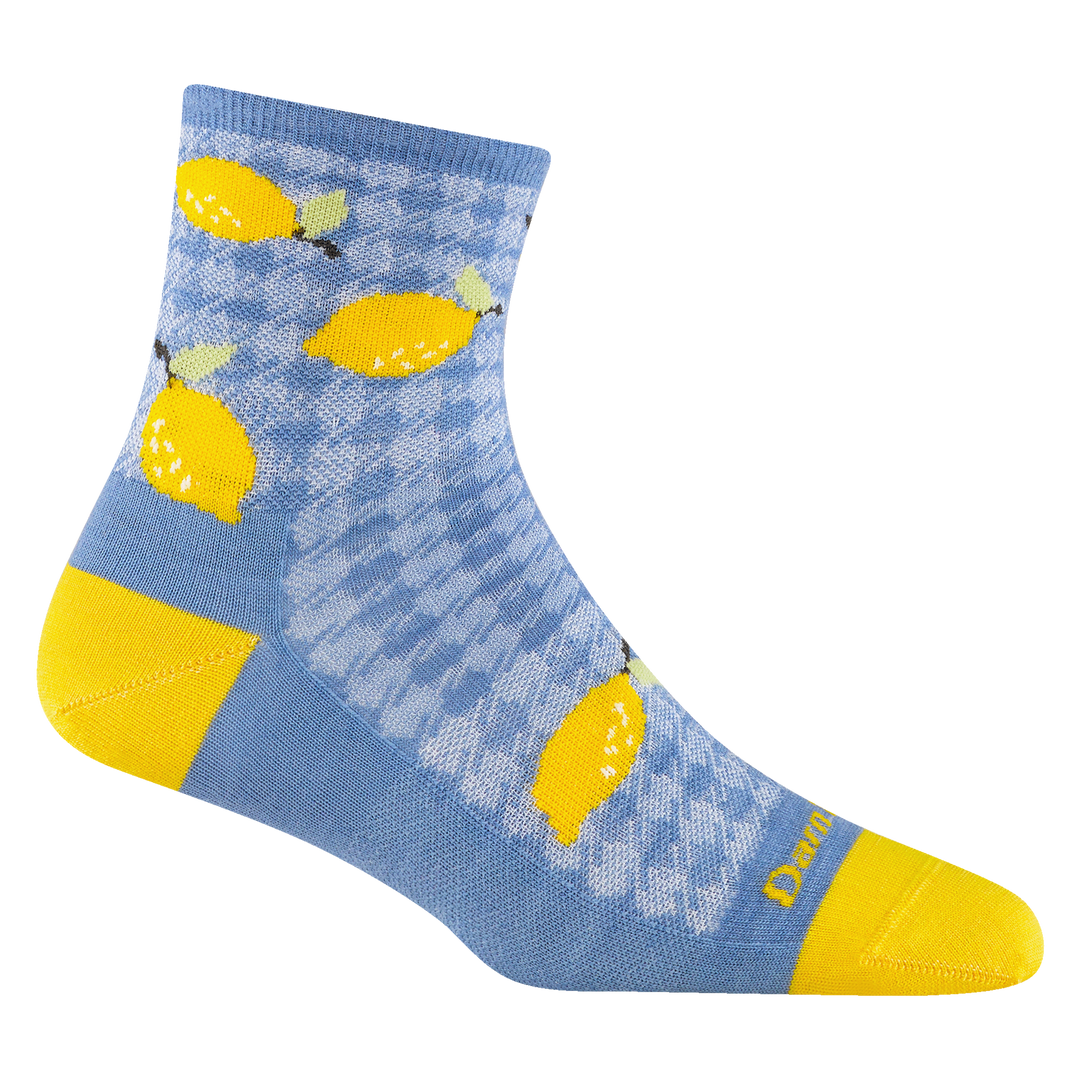 6102 Fruit stand in Country blue featuring a yellow heel/toe with and blue body and a lemon and plaid design