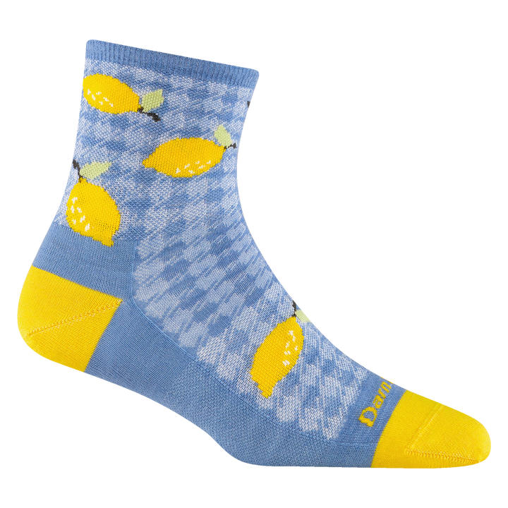 6102 Fruit stand in Country blue featuring a yellow heel/toe with and blue body and a lemon and plaid design