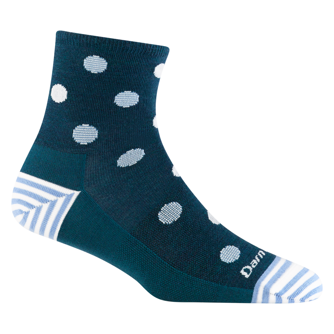 6103 women's dottie shorty lifestyle sock in dark teal with blue and white stripes and blue and white polka dots