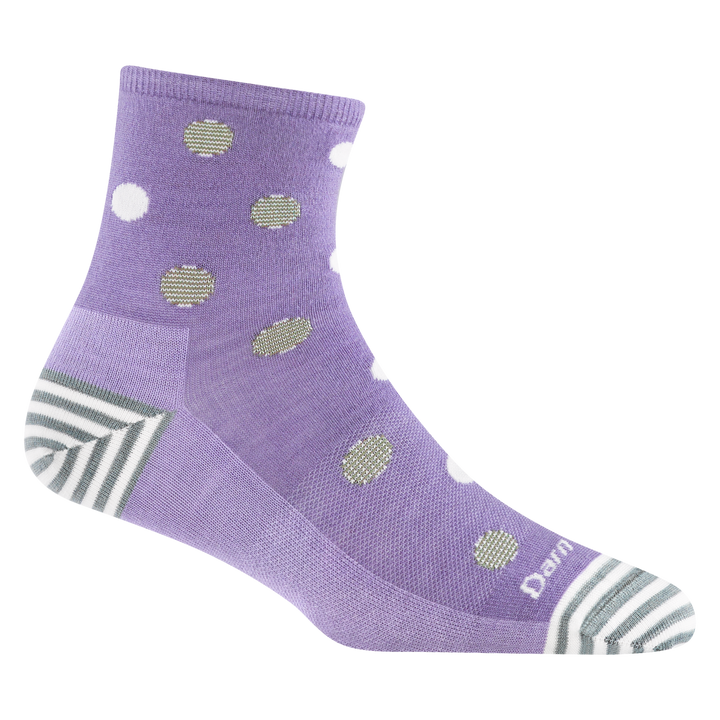 6103 Dottie in Lavender featuring gray and white stripe heel/toe with purple body and gray and white dots 