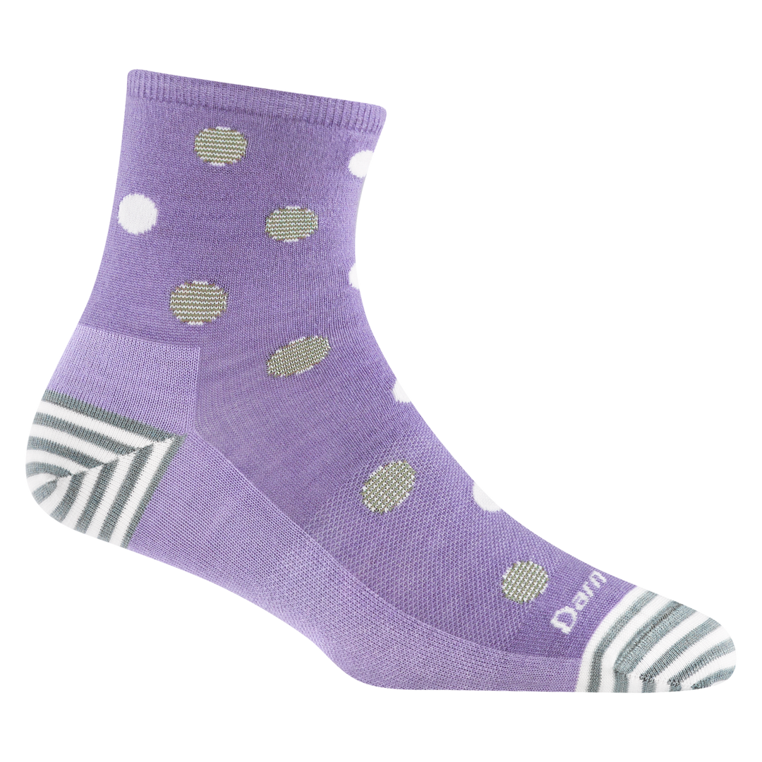 6103 Dottie in Lavender featuring gray and white stripe heel/toe with purple body and gray and white dots 