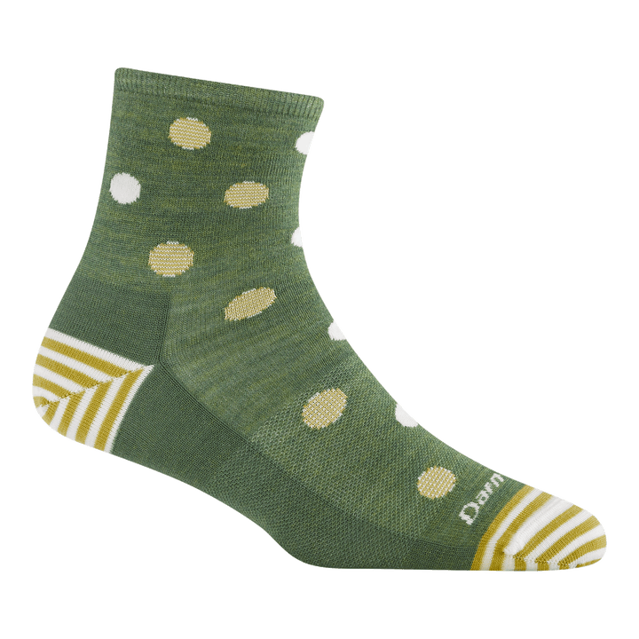 6103 dottie shorty sock in willow featuring a striped heel/toe with yellow dots all over a green sock