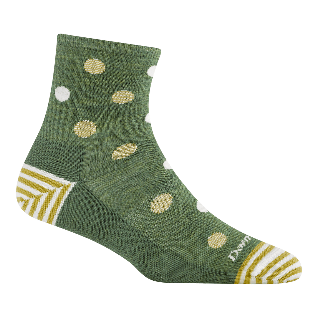 6103 dottie shorty sock in willow featuring a striped heel/toe with yellow dots all over a green sock