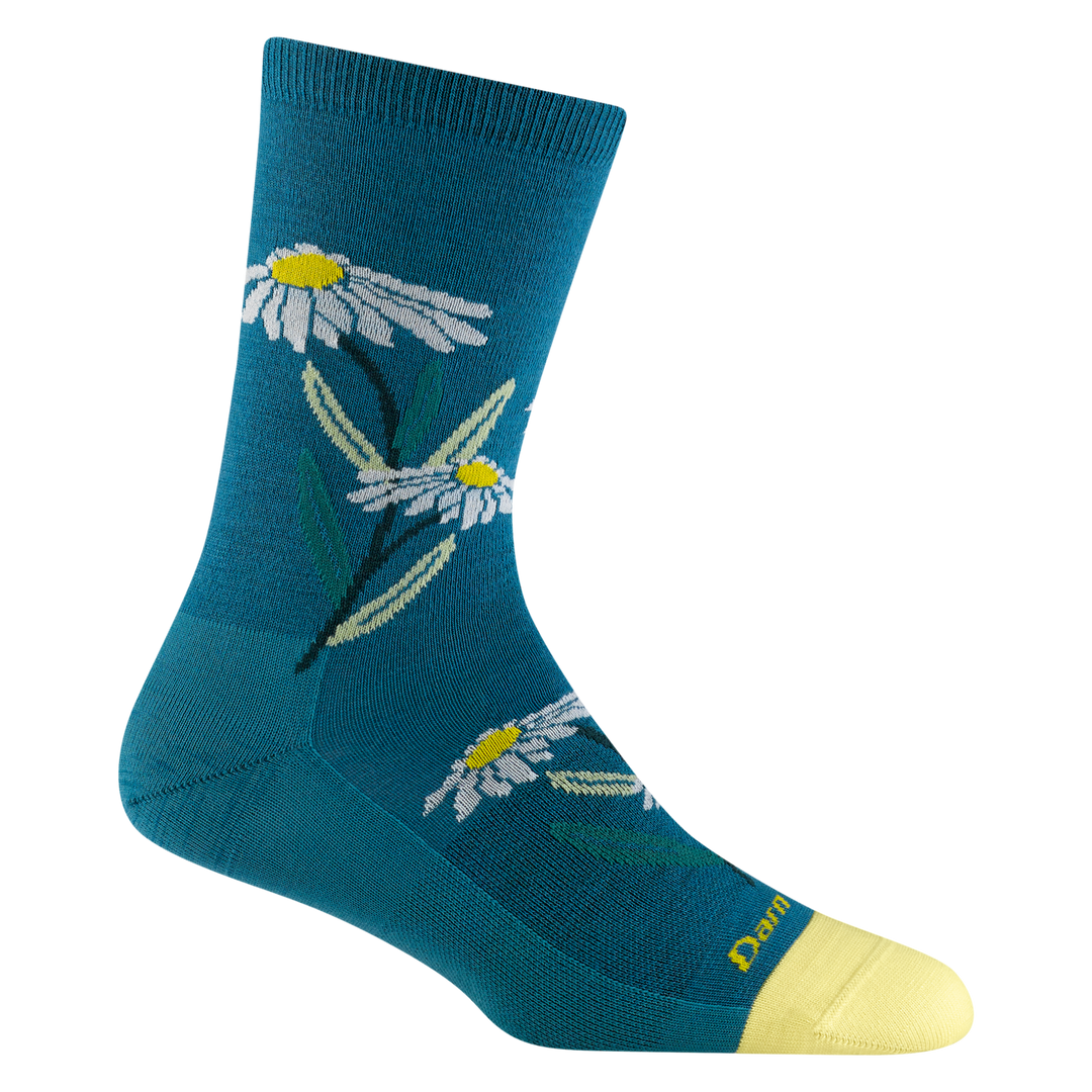 6104 women's blossom crew lifestyle socks in cascade blue with yellow toe accent and white and yellow flower details