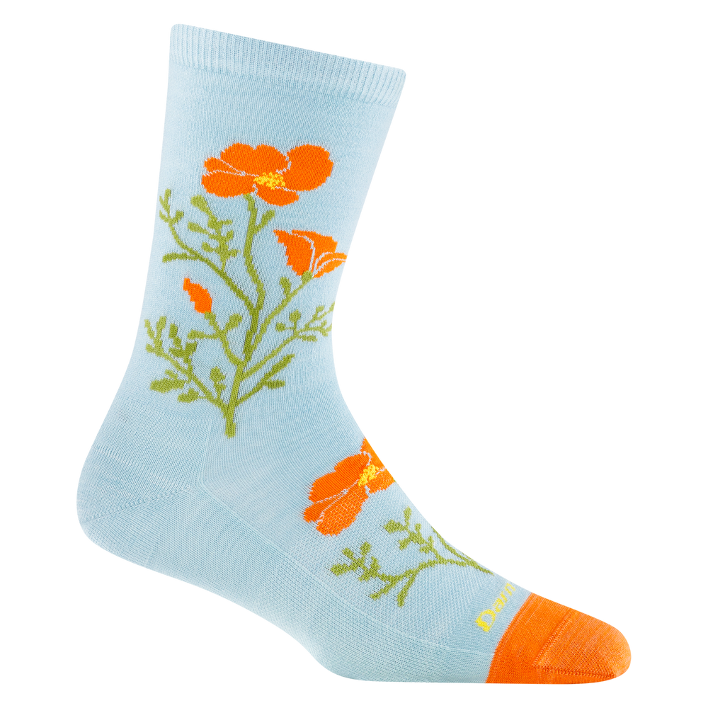 6104 women's blossom crew lifestyle socks in glacier with orange toe accent with orange and green flower details