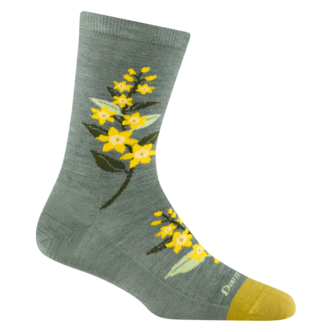 6104 women's blossom crew lifestyle socks in Seafoam with yellow  toe accent with yellow and green flower details
