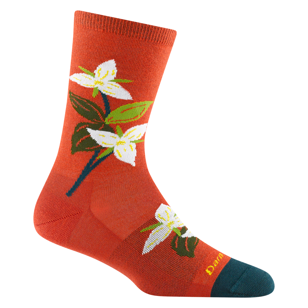 6104 women's blossom crew lifestyle socks in tomato red with black toe accent and white and yellow flower details