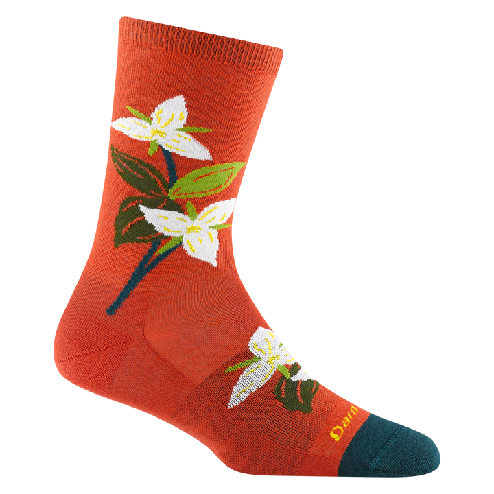 6104 women's blossom crew lifestyle socks in tomato red with black toe accent and white and yellow flower details