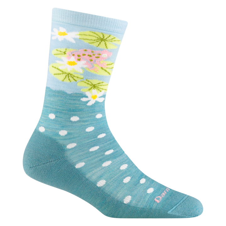 Reverse side of the women's wild life micro crew lifestyle sock in aqua with lily pad and flower details