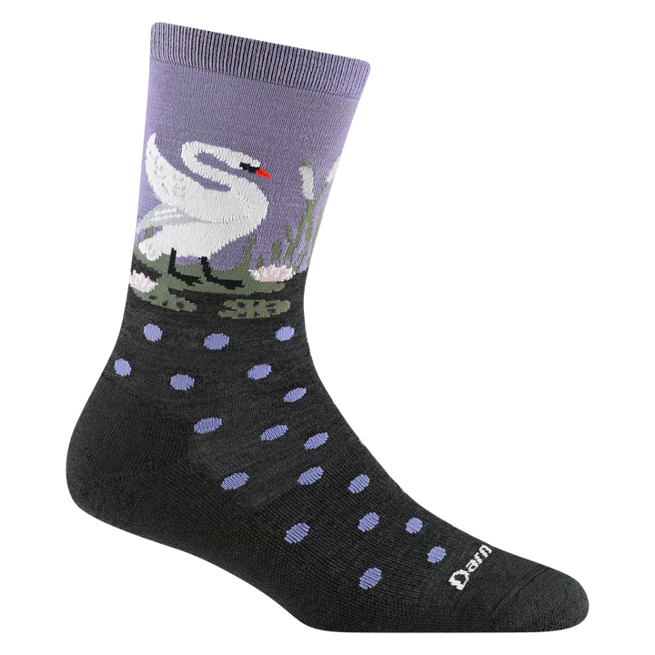 6105 women's wild life micro crew lifestyle sock in charcoal with a white swan and purple polka dot details