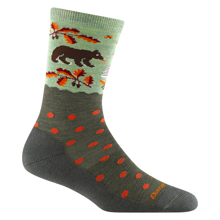 6105 women's wild life micro crew lifestyle sock in forest green with bear walking towards a bee hive