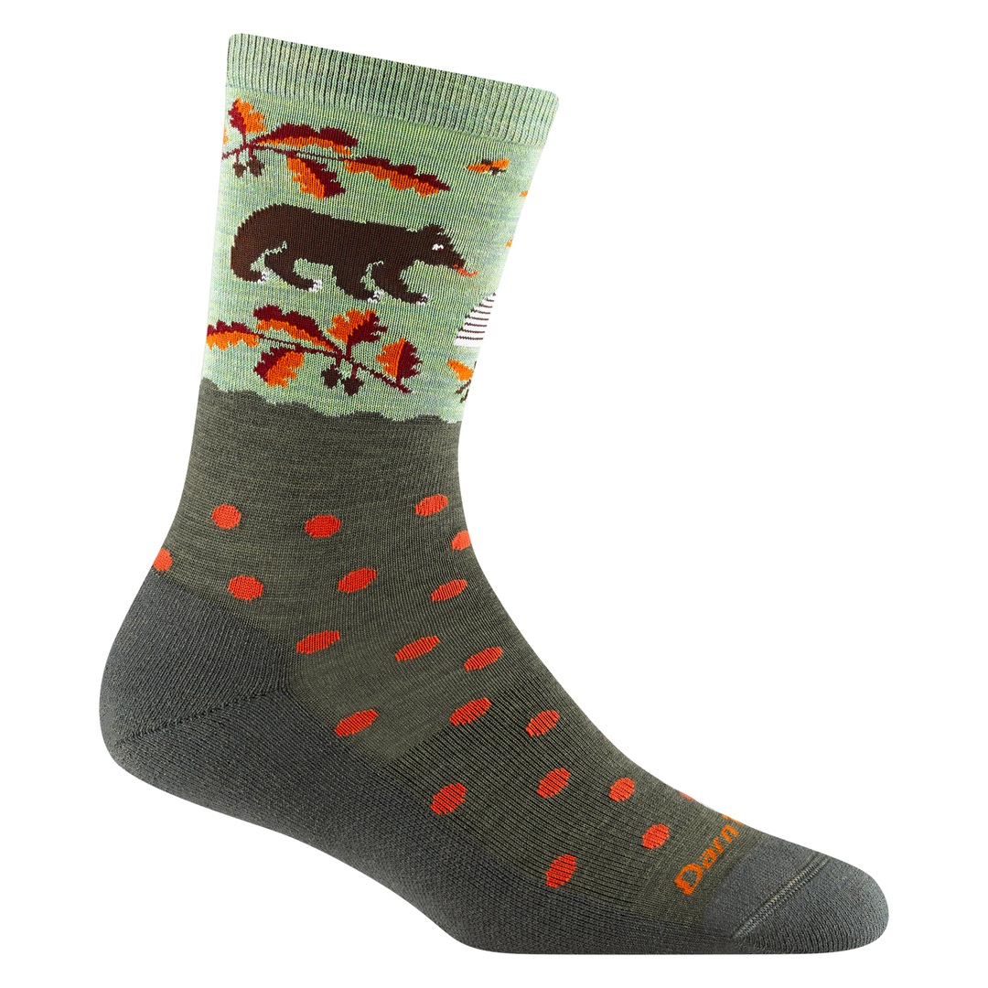 6105 women's wild life micro crew lifestyle sock in forest green with bear walking towards a bee hive
