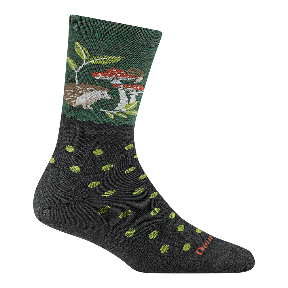 6105 women's wild life micro crew lifestyle sock in hedgehog moss with a hedgehog sitting under mushrooms 