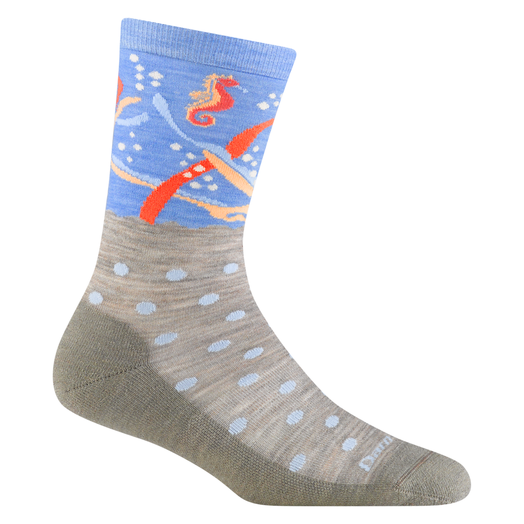 6105 women's wild life micro crew lifestyle sock in shore beige with seahorse and bubble underwater details