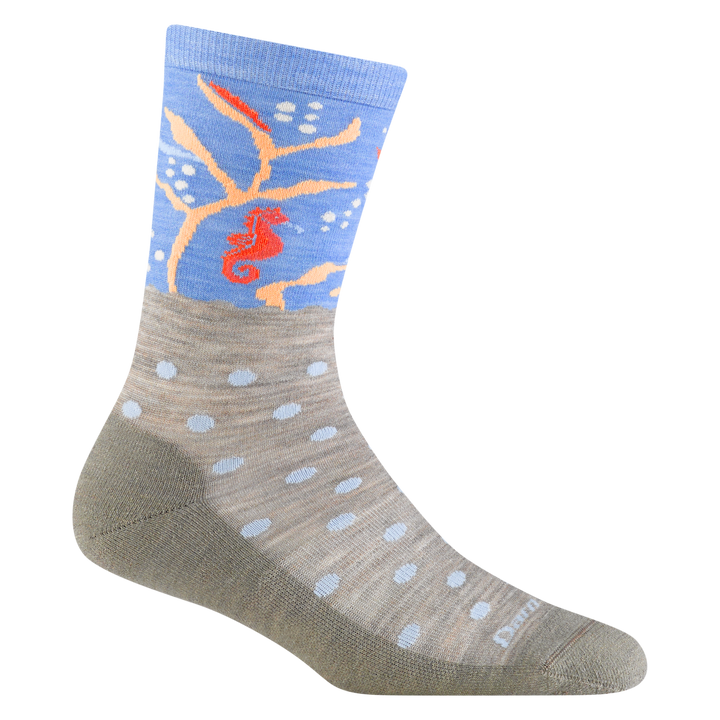 Reverse side of the women's wild life micro crew lifestyle sock in shore with coral reef and seahorse detailing