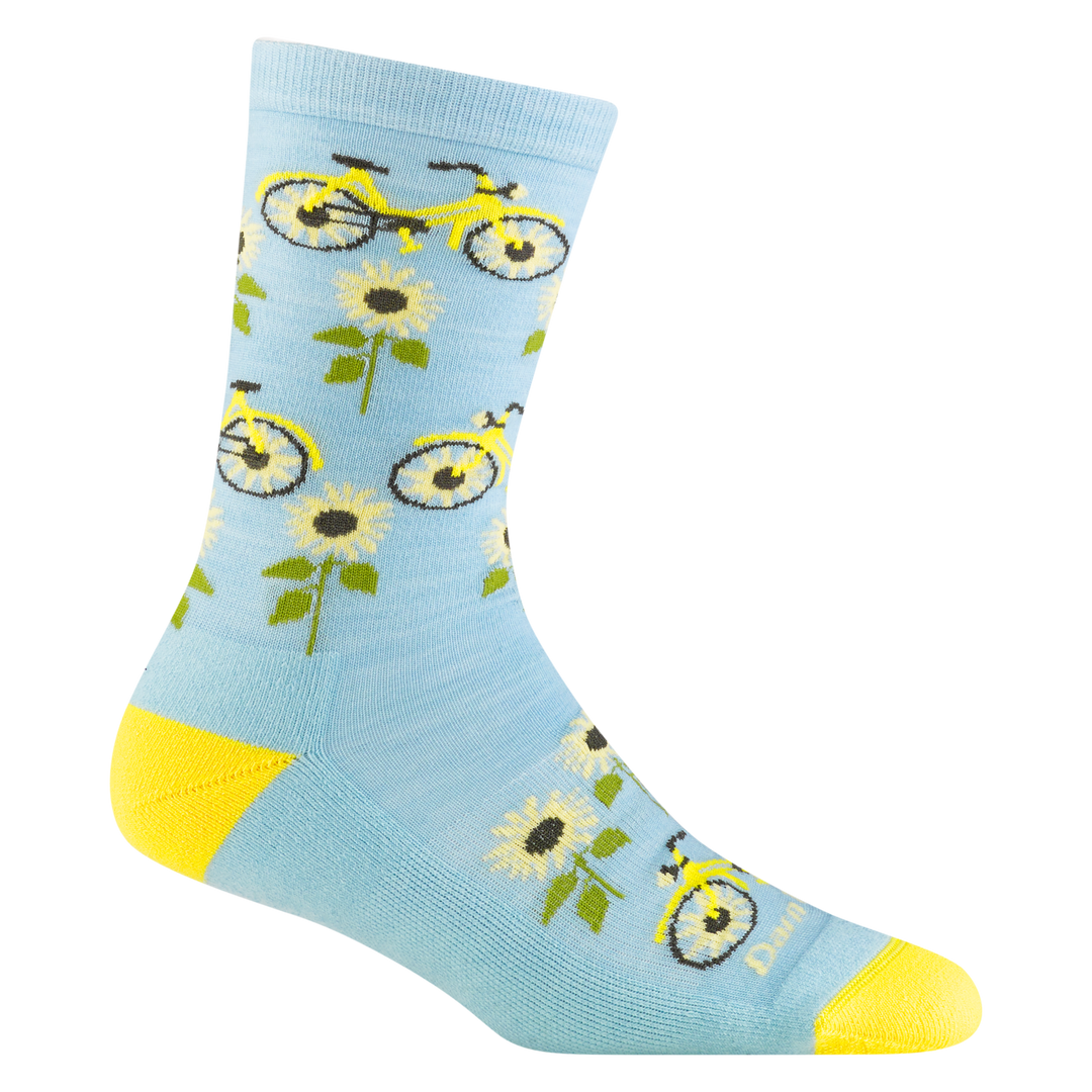 6106 women's sun pedal crew lifestyle sock in glacier blue with yellow accents, sun flowers, and ribbon details