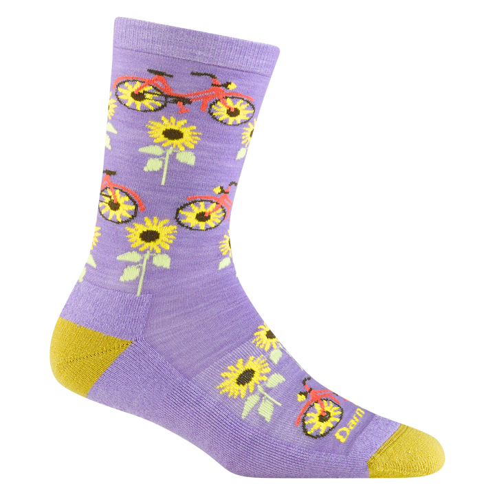 6106 women's sun pedal crew lifestyle sock in lavender with yellow accents, sun flowers, and orange ribbon details