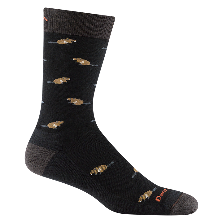 6107 Sawtooth Crew Lightweight Lifestyle featuring multiple small beavers, dark grey heel/toe with black for the body of the sock
