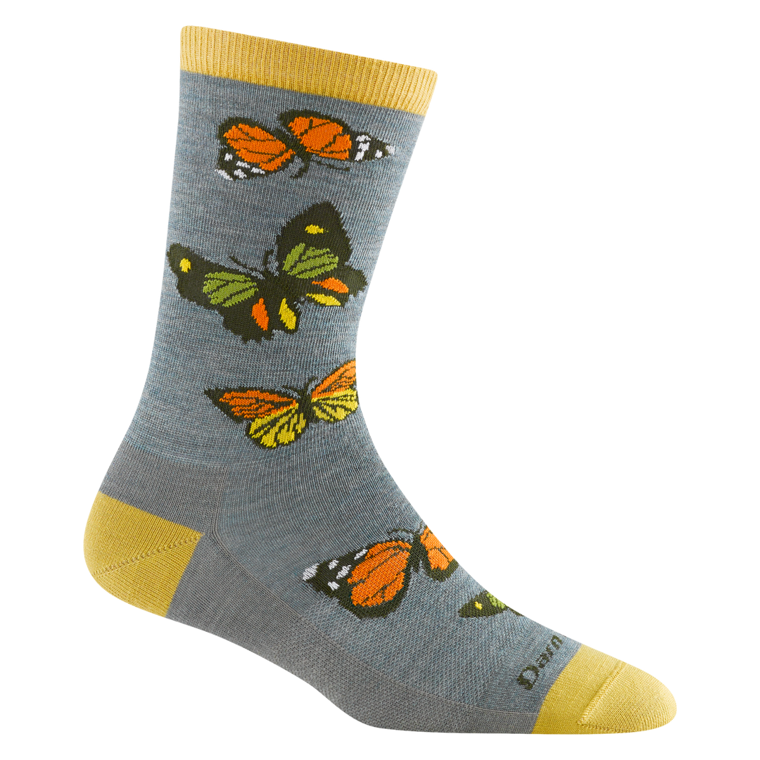 6109 Flutter in seafoam featuring yellow heel/toe/cuff with gray body and orange and yellow butterfly design 