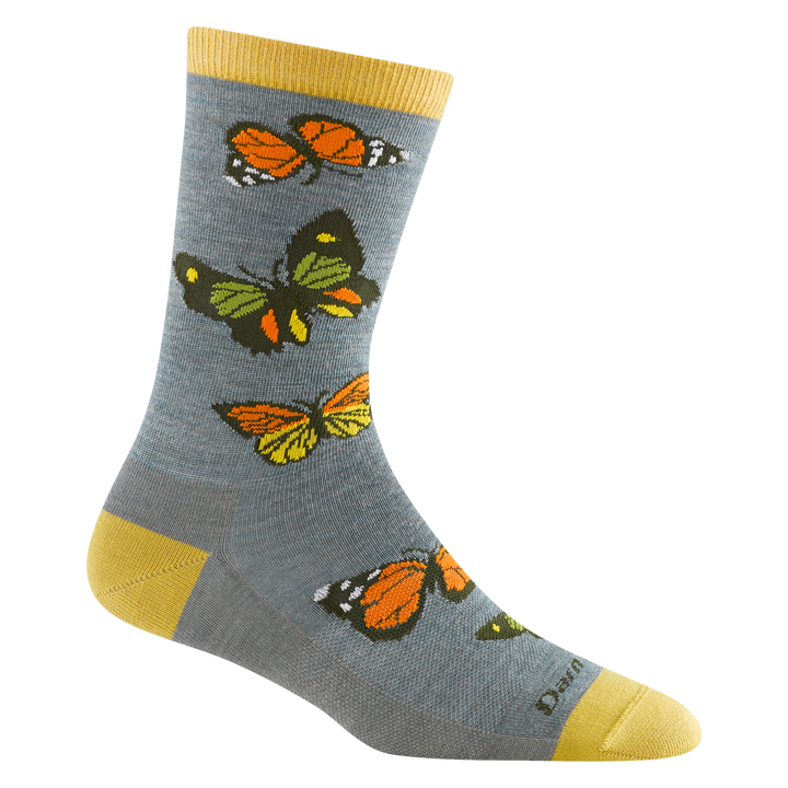 6109 Flutter in seafoam featuring yellow heel/toe/cuff with gray body and orange and yellow butterfly design