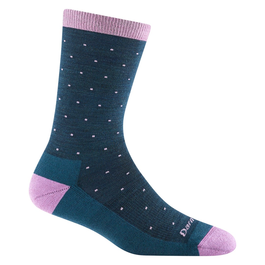 6110 Pin Drop Crew in dark teal featuring a pink heel/toe/cuff dark teal body with pink pin drops all over it