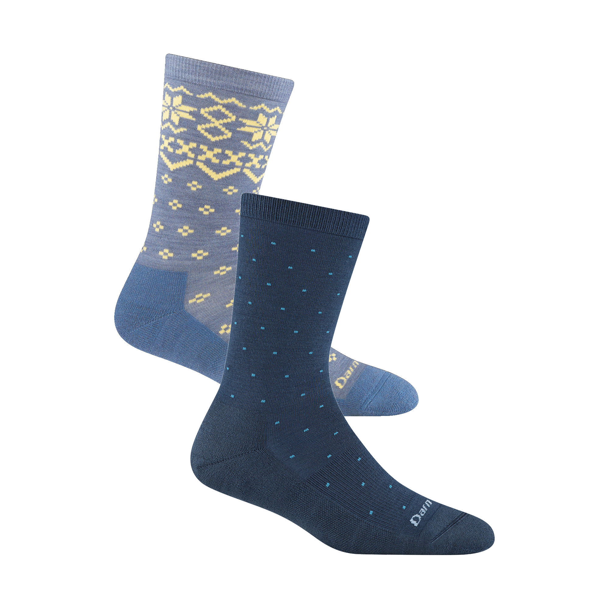 Image of a navy sock with blue pin dots and ight blue sock with cream faire isle pattern slightly behind it