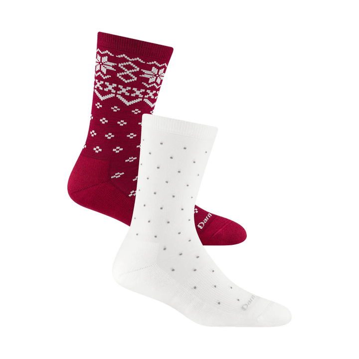 Image of a white sock with pin dots and red sock with faire isle pattern slightly behind it