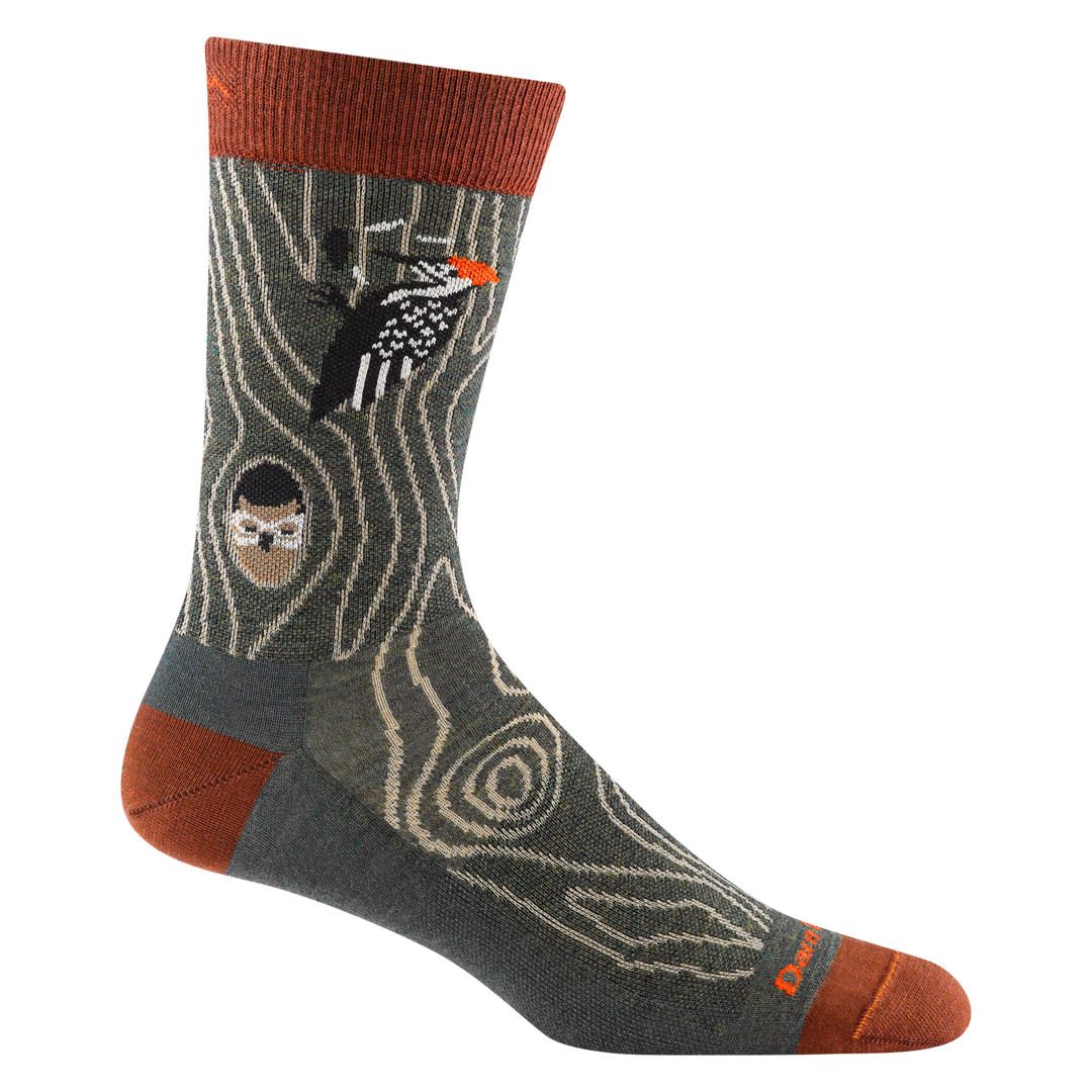 reverse 6111 Woody Crew in Forest featuring an orange heel/toe/cuff with gray body and a woodpecker and owl design